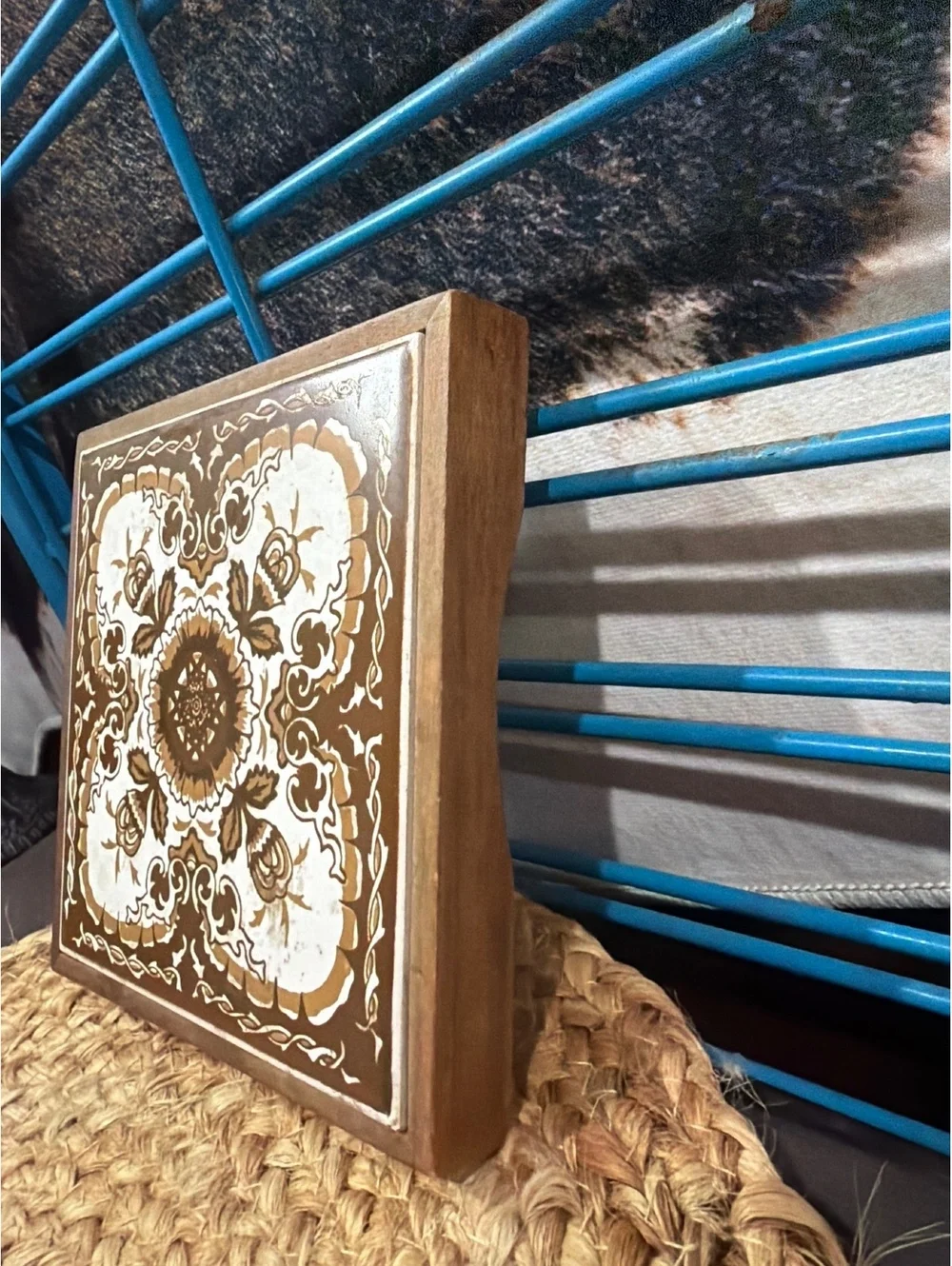Vintage Decorative Wooden Tile with Floral Pattern